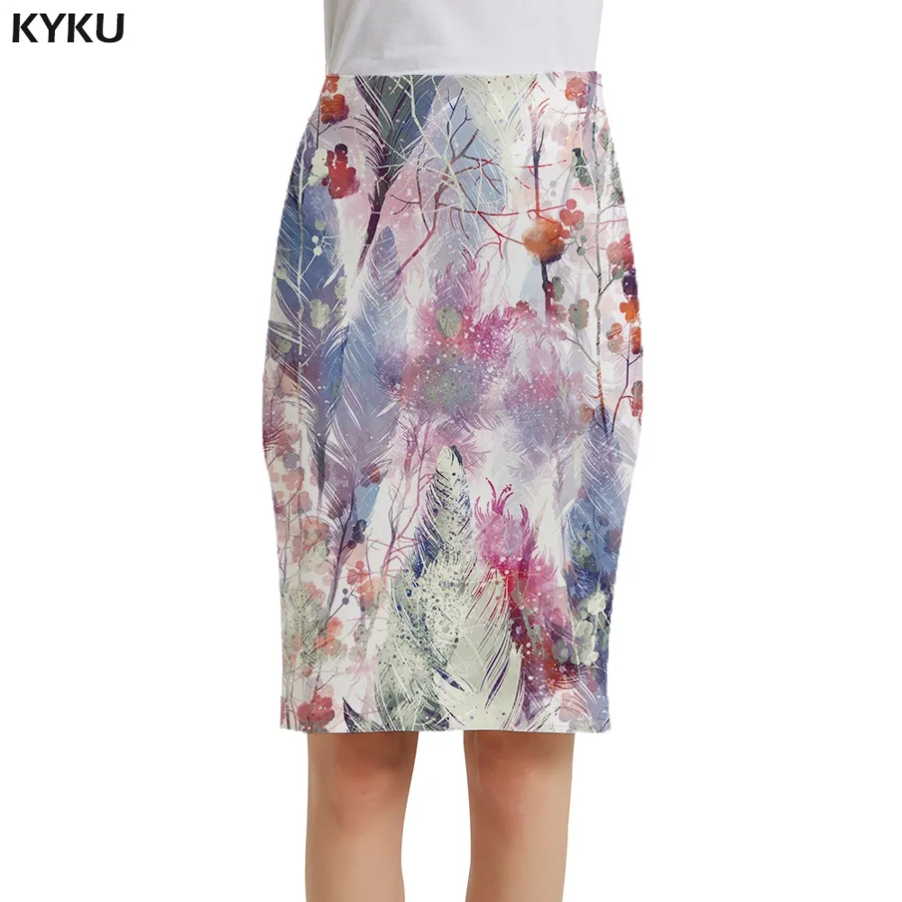 Женская Повседневная юбка карандаш KYKU белая разноцветная офисная с перьями и