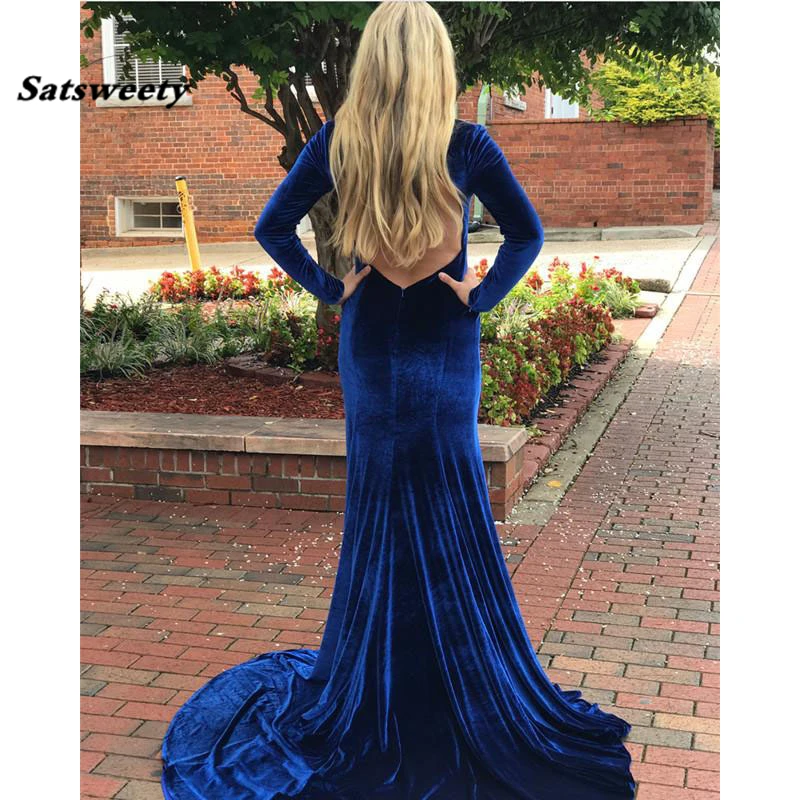 Long Sleeves Velvet Mermaid Prom Dresses V Neck High Split Royal Blue Open Back Sexy Women Elegant Evening Party Gowns | Свадьбы и
