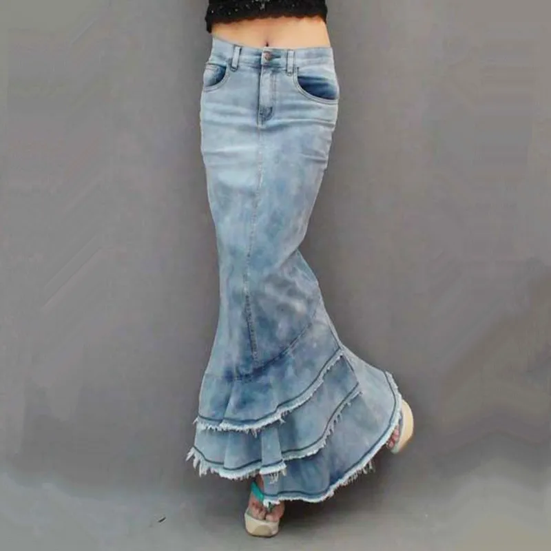 

TIYIHAILEY Free Shipping 2021 New Fashion Long Maxi Denim Skirt For Women Mermaid Style Fish Tail High Waist Retro Tassels S-XL