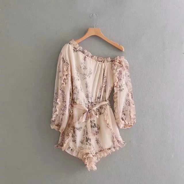 Женское пляжное платье boho розовое шифоновое с рюшами на одно плечо | Женская