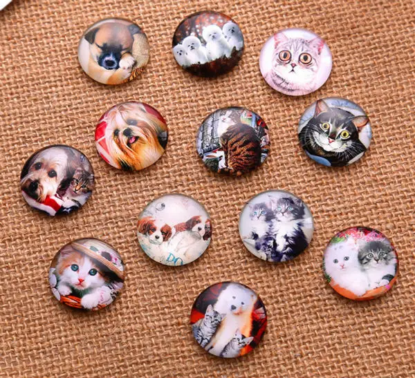 

24pcs 10MM 12MM 14MM 16MM Cat Dog Pattern Round Handmade Photo Glass Cabochons & Glass Dome Cover Pendant Cameo Settings