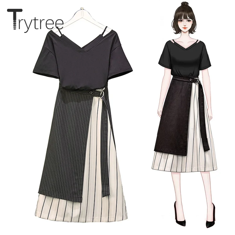 Trytree летний осенний Женский комплект из двух предметов Повседневный Топ с v