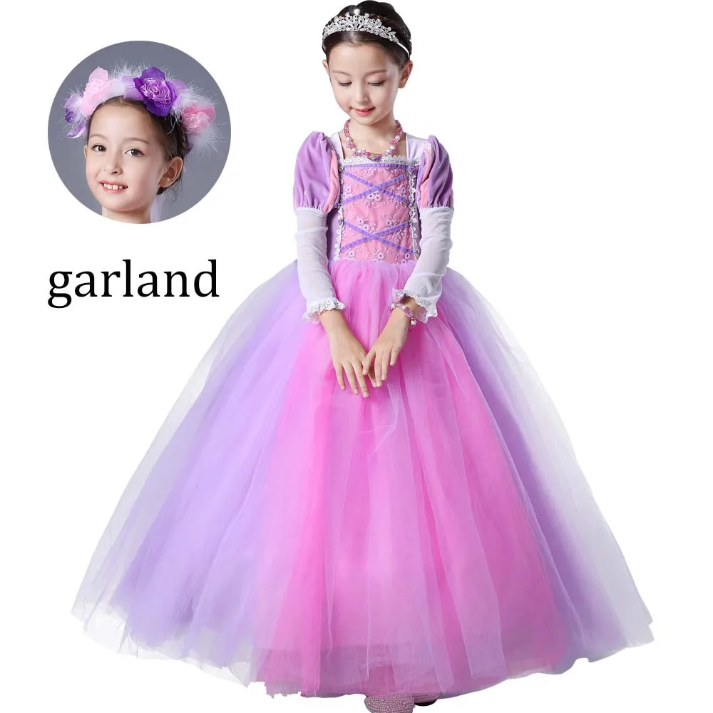 Chrismas Princess Rapunzel dress Girls Costume Tutu Long Dress for Halloween Cosplay Party Full sleeves purple Clothes | Детская одежда