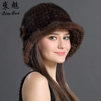 woman hat winter solid mink caps with flower natural mink fur hats new russian girl soft knitting real fur bucket hats 2018 warm