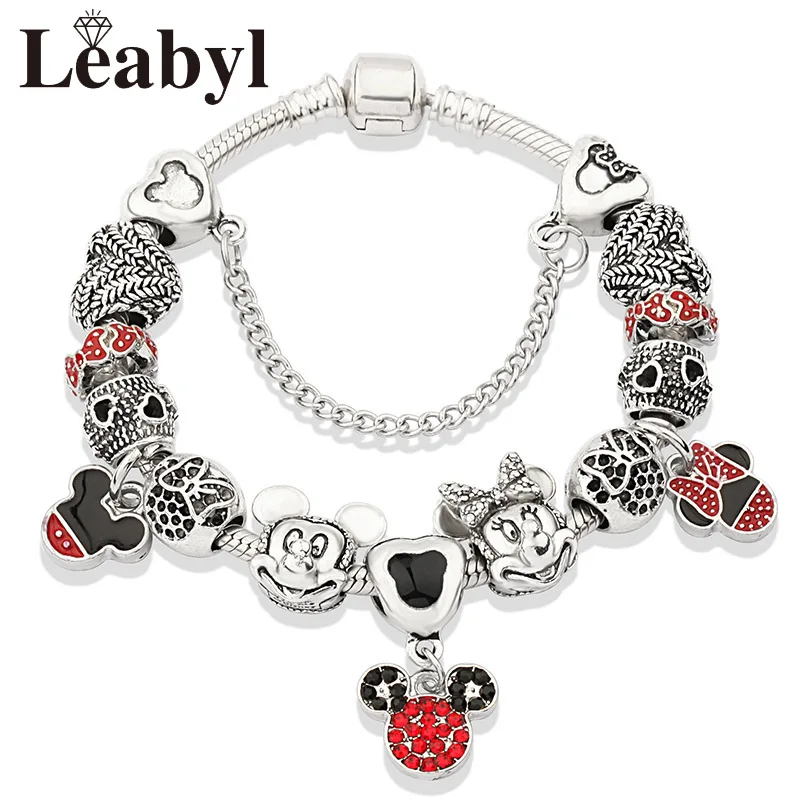 L80907 Милое платье принцессы с красной эмалью, браслет Minnie, серебряный замок, браслет из бисера, сделай сам, муранский кристалл, очаровательный браслет, браслеты для девочек - Metal Color: L80907