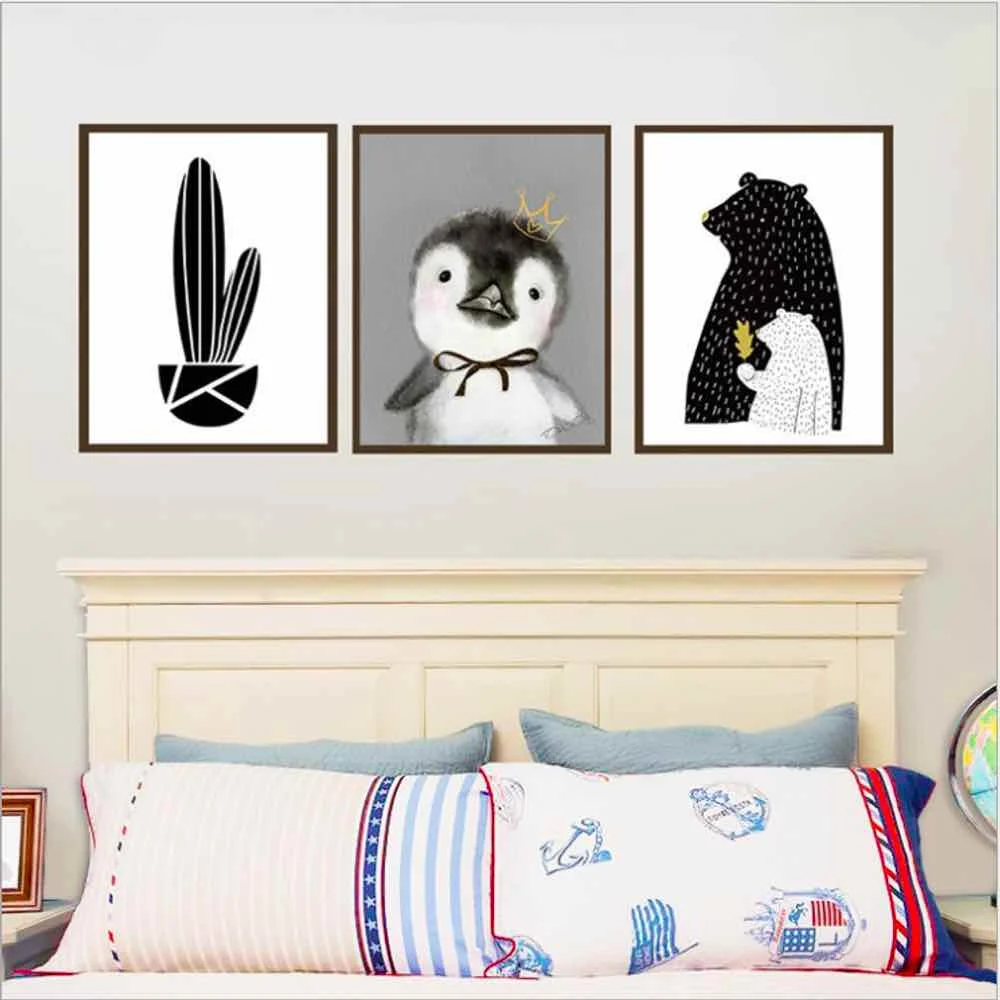 

HAOCHU Cartoon Black Penguin Canvas Painting Living Room Home Decor Painting Print Poster Simple Nordic Wall Picture