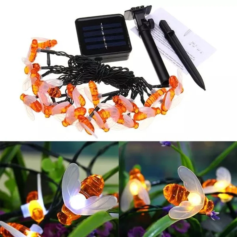 Solar LED Waterproof Honey Bee String Light Hanging Lamp Outdoor waterproof Fence Patio Christmas Garland Lights