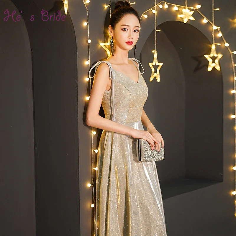 He's Bride Gold Evening Dress V-Neck Sleeveless Floor-Length Party Prom Gown Custom Robe De Soiree | Свадьбы и торжества
