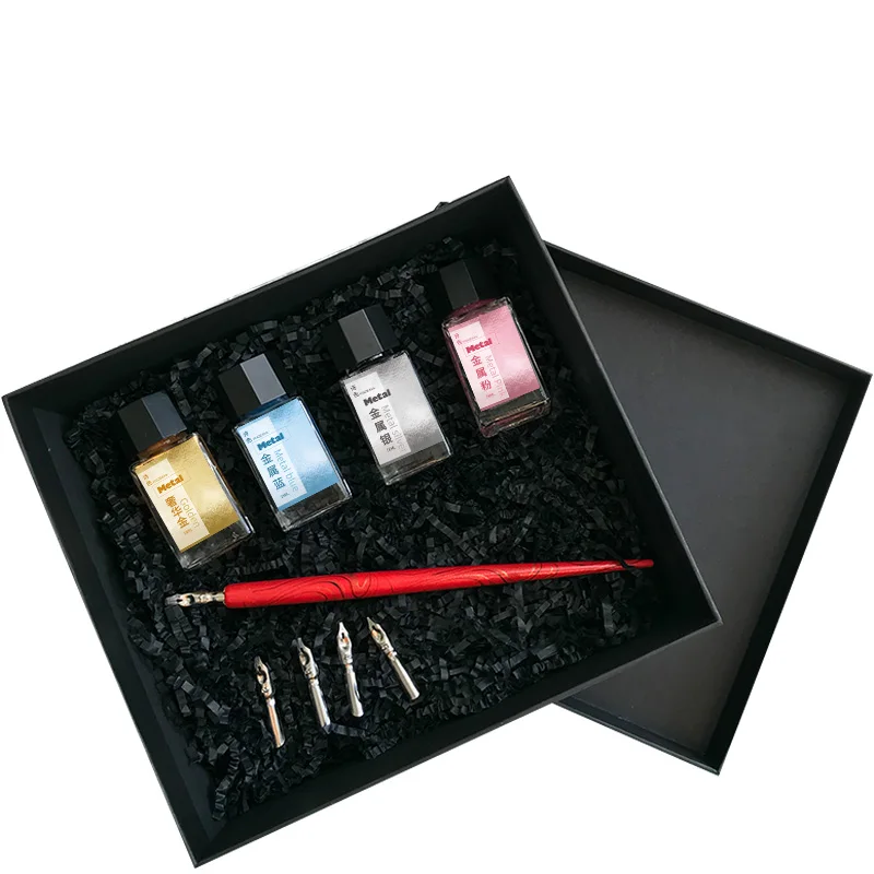 Деревянная ручка для погружения с 4 бутылками чернил калиграфии набор перьевых