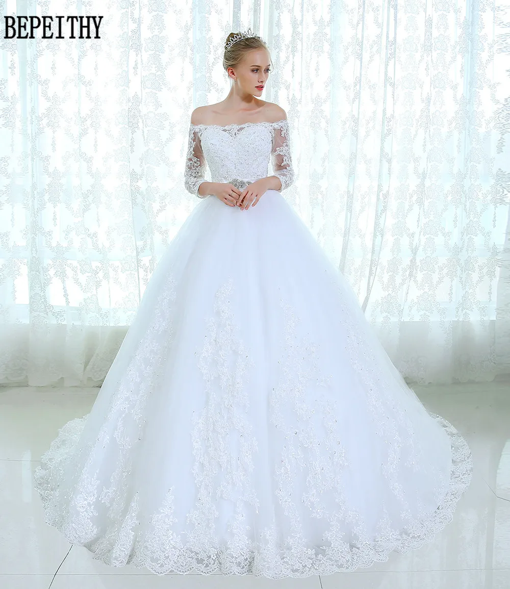 BEPEITHY Vestido de noiva кружевное Тюлевое свадебное платье невесты пояс А-силуэта длинный рукав с бисером свадебное платье es