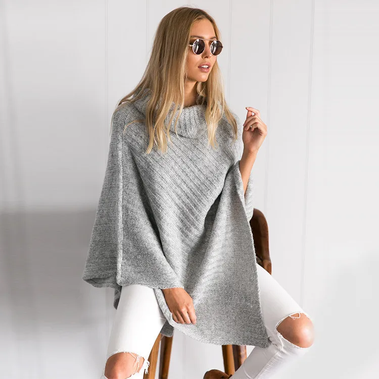 Pullovers Scarf collar Batwing Sleeve Wool Sweater women loose long sleeve Knitted casual solid Fashion cloak cape sweaters | Женская
