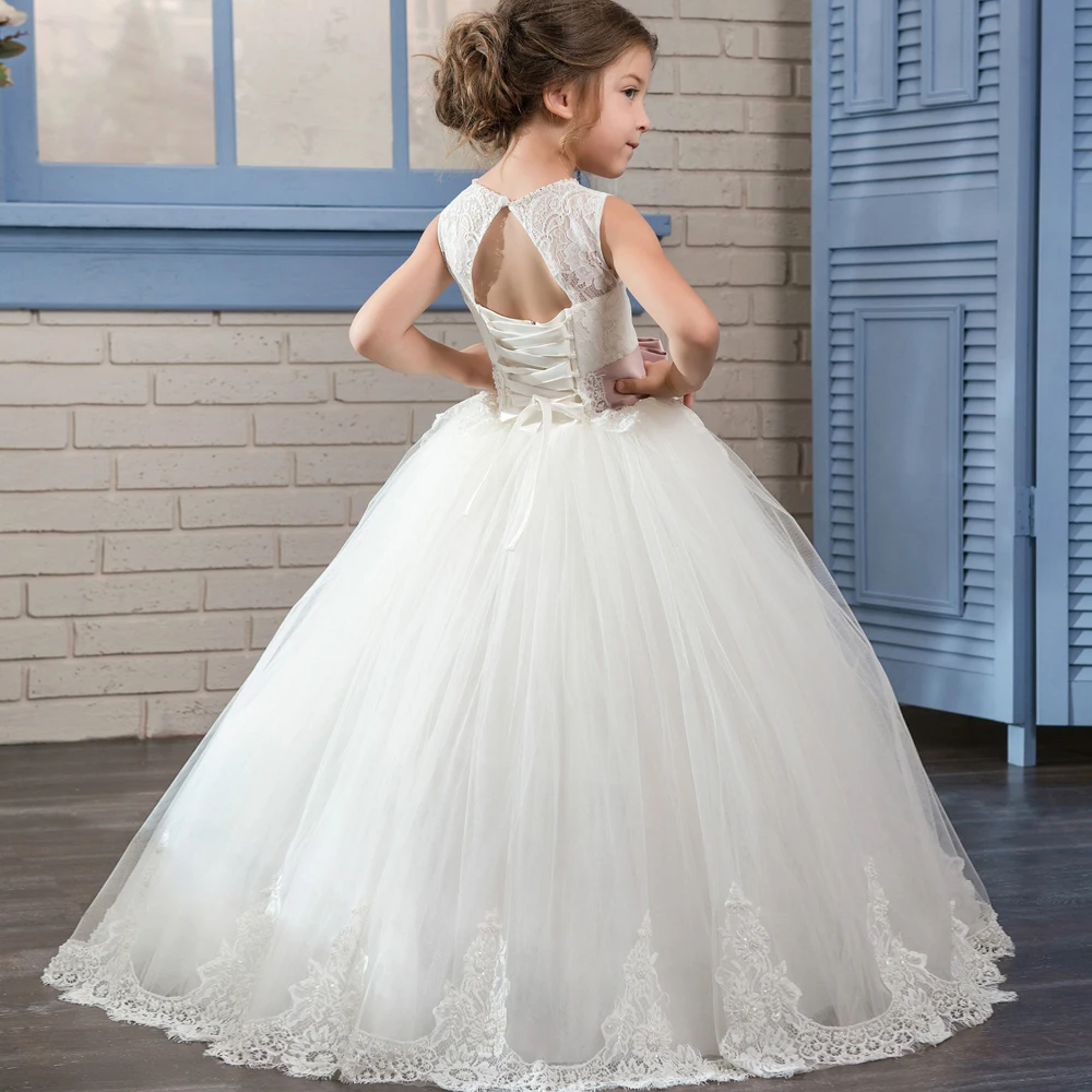 Princess Mesh Dress Lace Appliques Sleeveless Up Open Back Floor Length Ruffle Gorgeous Tulle Ball Gowns 2-12 | Детская одежда и