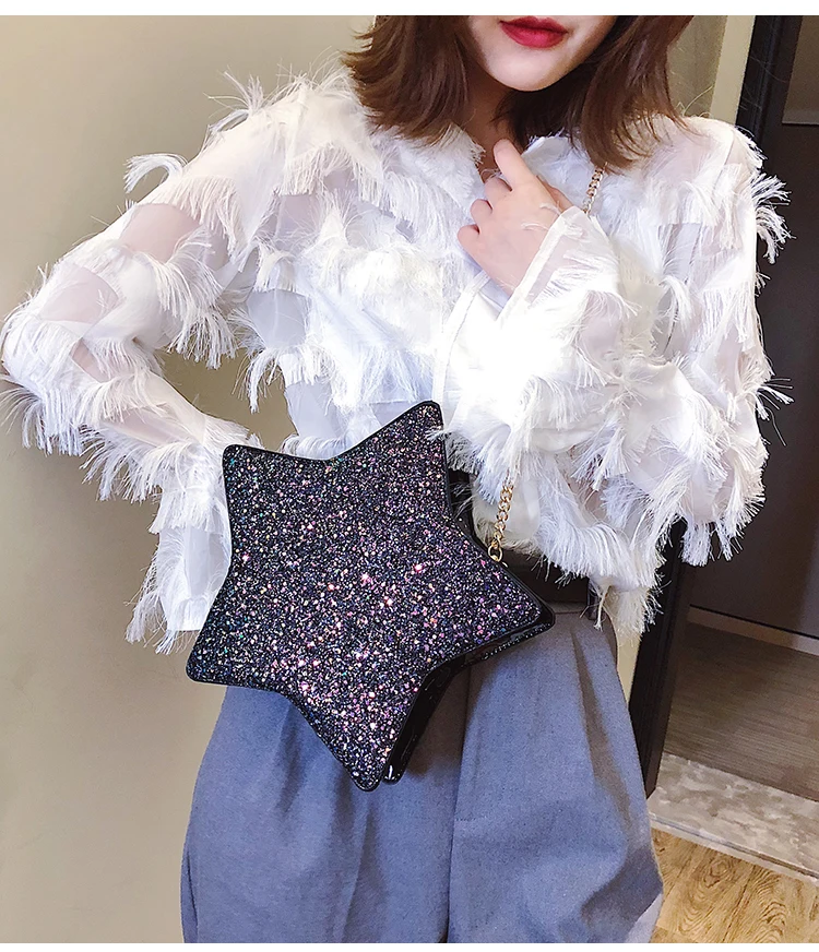Sequins Stars Style Pu Leather Fashion Casual Ladies Chain Purse Shoulder Bag Tote Crossbody Mini Bag Female Bolsa Handbag Flap