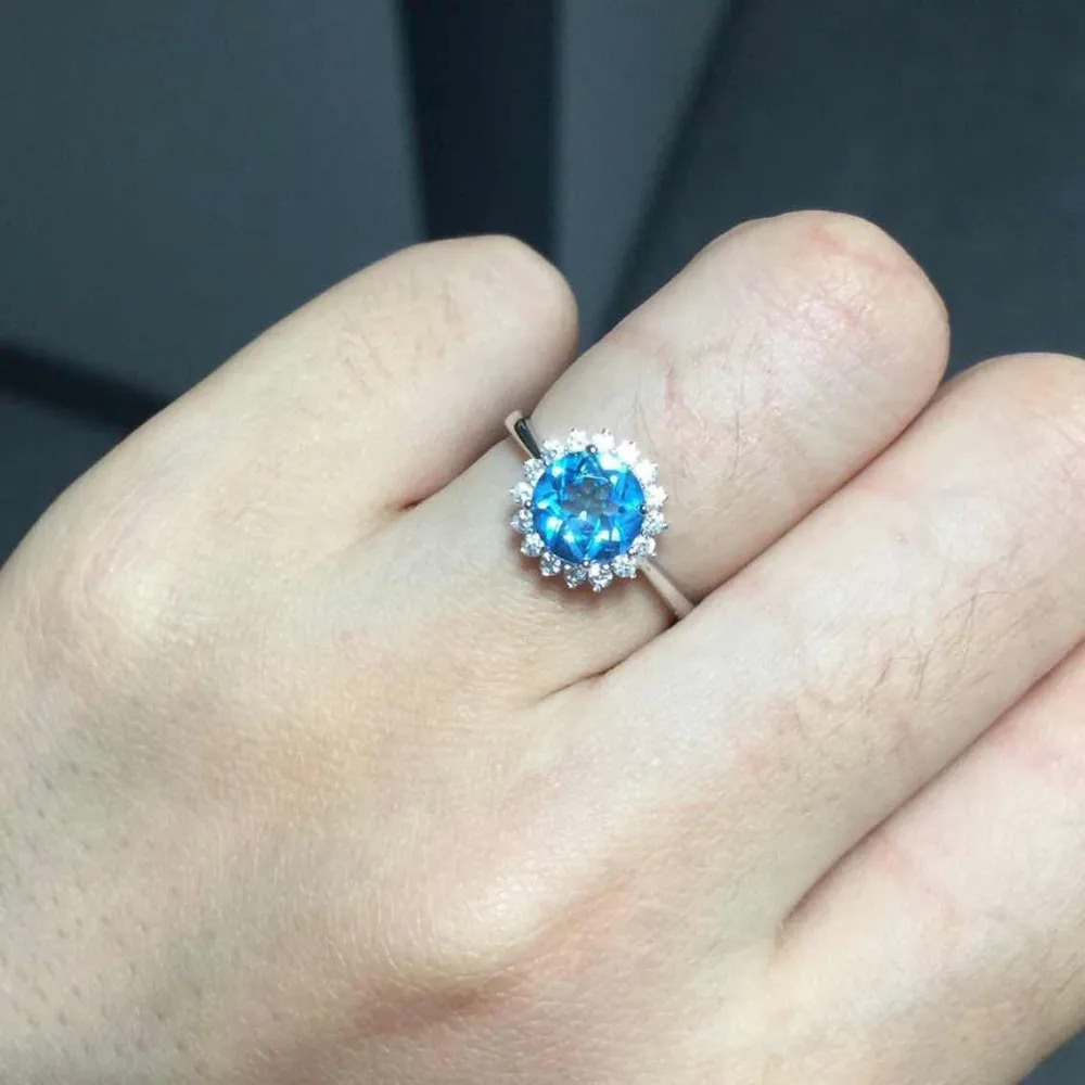 Dia 7mm Carat Natural Blue Topaz Gem Stone Ring Women Solid 925 Sterling Silver Band Original Jewelry Engagement Bijou Gift | Украшения и