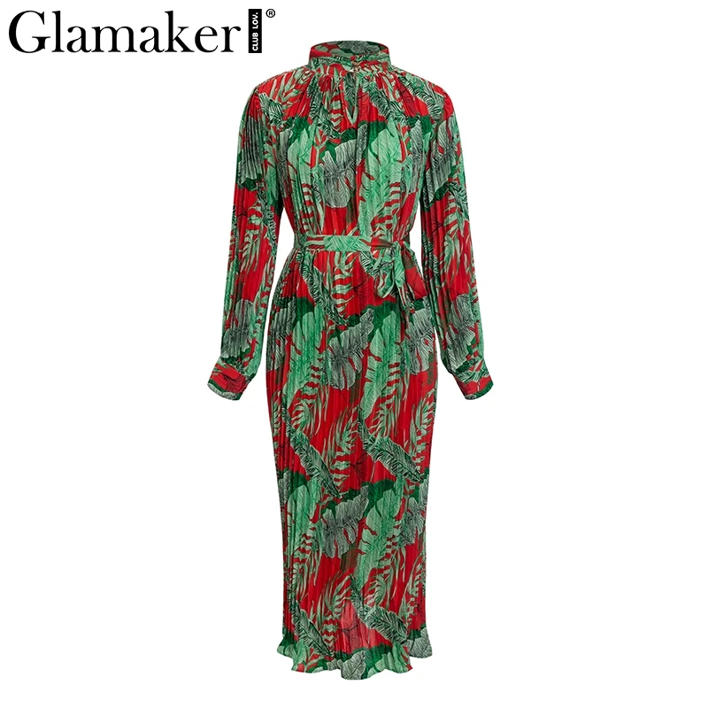 Glamaker Плиссированное Макси-платье с цветочным принтом, женское свободное Элегантное летнее платье с длинным рукавом, женское пляжное сексуальное платье в стиле бохо