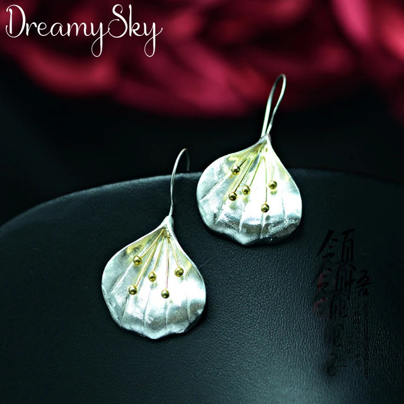 DreamySky, настоящее 925 пробы, серебряные серьги с большим листом, цветок лотоса для женщин, вечерние ювелирные изделия, подарок, Pendientes joyas de plata 925