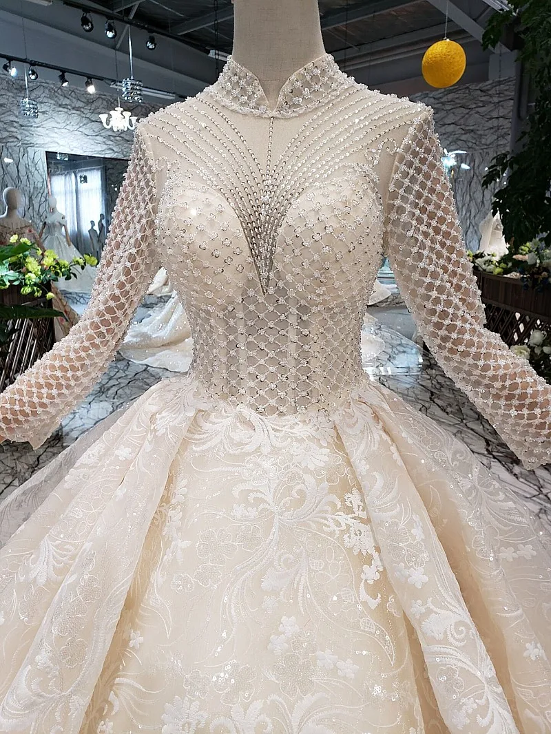 Женское свадебное платье со шлейфом SSYFashion роскошное цвета шампанского с длинным
