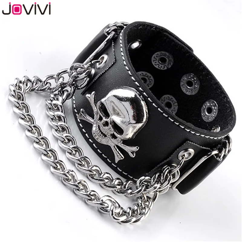 1x Skull Jovivi 1 шт. мужской металлический Байкер черный широкий Пуля Череп Спайк цепь из воловьей кожи браслет в стиле панк-рок браслет регулируемый браслет - Окраска металла: 1x Skull