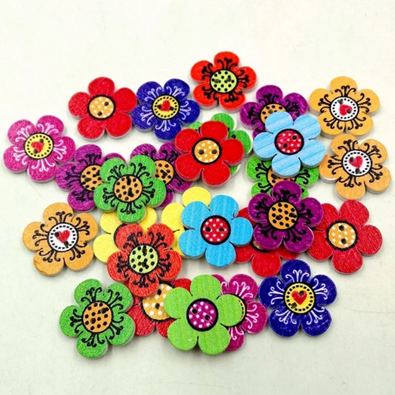 

(200pcs/lot) 2cm colorful mix flower Wood Veneer Printing wooden buttons Flower shape