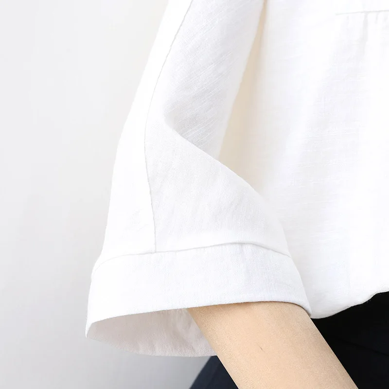 

2019 new Korean version of mid-sleeve shirt women loose casual versatile white cotton and linen shirt short sleeve top CS001