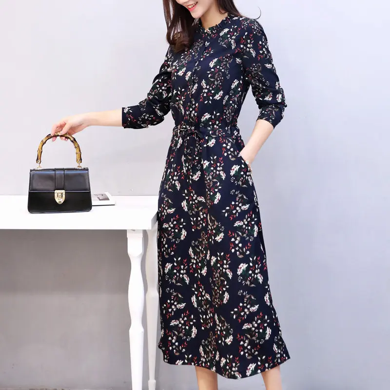 Женское шифоновое платье Vestidos осенне-зимнее с длинным рукавом и цветочным