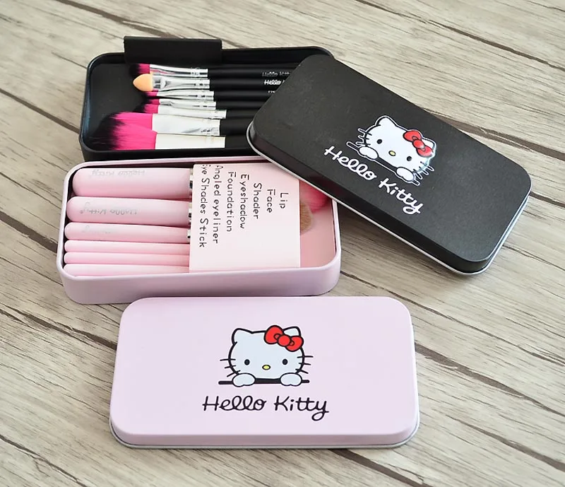 1 комплект рисунок «Hello Kitty» розового и черного цвета 7 шт./компл. мини кисти для макияжа, набор косметики, набор de pinceis де maquiagem набор кистей для макияжа с металлической коробкой