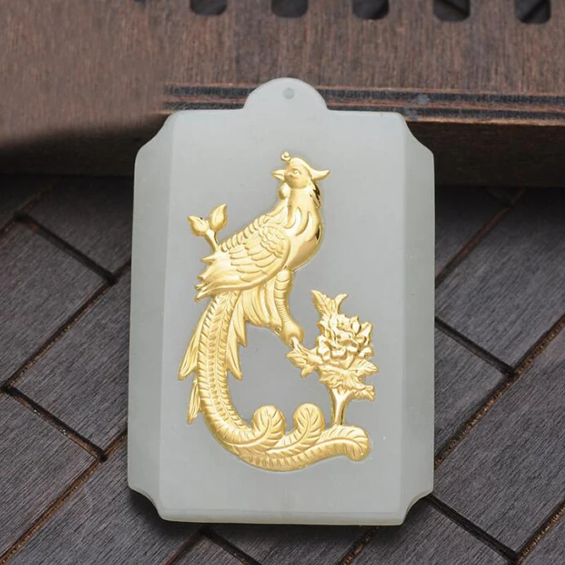 

Pure 24K Yellow Gold 100% Natural A Grade Jadeite Carved Phoenix Pendant