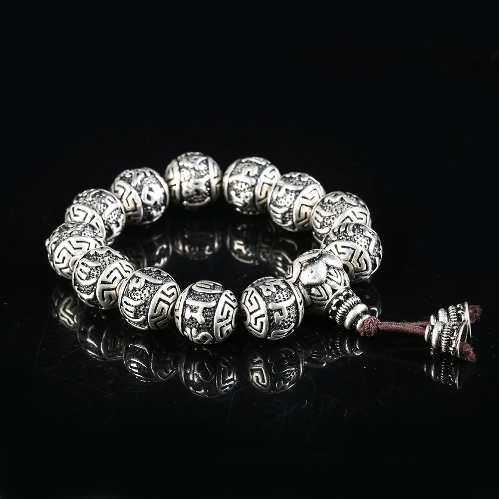 Винтажный тибетский буддизм. Браслет из латуни с покрытием серебром для мужчин. Шестисловные мантры Мала Йога Лотос молитвенные бусины.