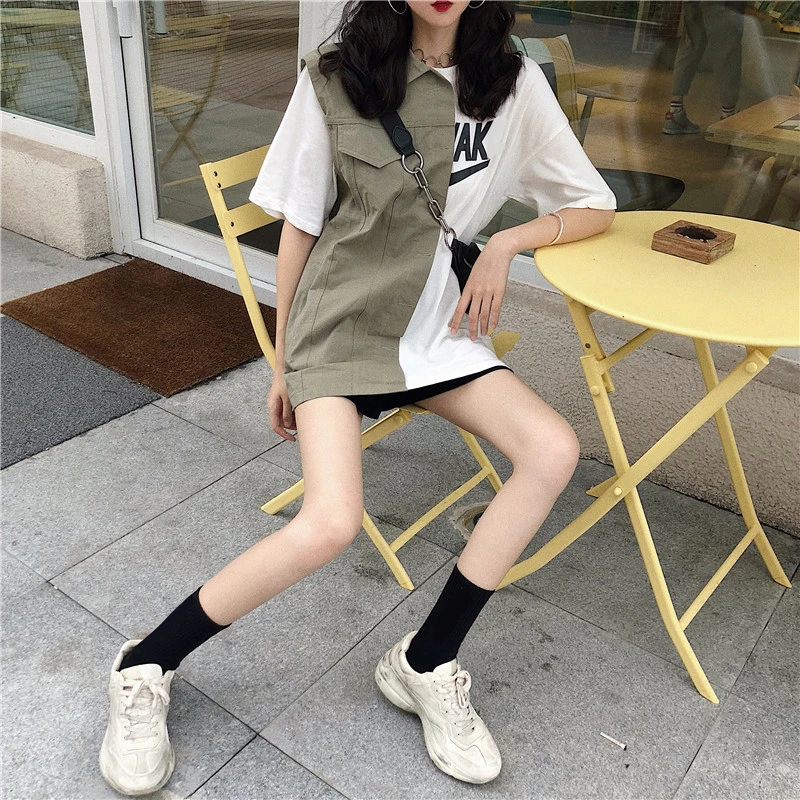 Woherb летняя Harajuku футболка Женская Корейская уличная Лоскутная рубашка Женская свободная длинная футболка Camiseta Mujer 21266