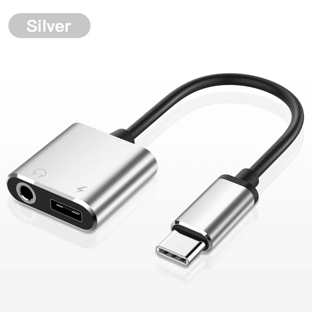 Серебристый Тип C до 3,5 мм адаптер для наушников 2 в 1 USB C аудио кабель конвертер зарядный сплиттер для наушников адаптер для samsung Xiaomi - Цвет: Серебристый