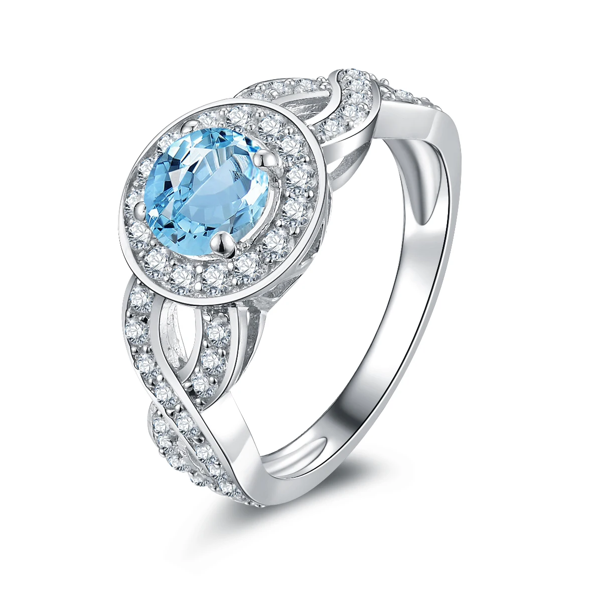 

QYI silver sky blue topaz rings for women 0.8 ct round cut gemstone fine jewelry 925 sterling silver halo engagement ring