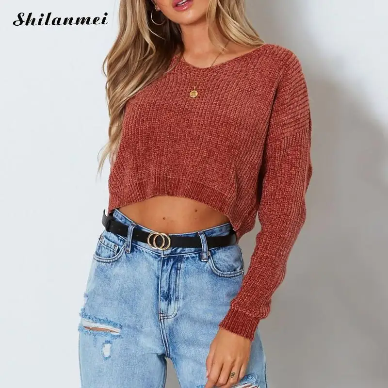 

2018 New Fashion Women Crop Sweater Knitted Jumper Autumn Short Women's Sweaters And Pullovers Sexy V Neck Casual Pull Femme