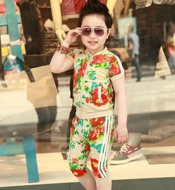 2014 new summer suits 5pcslot wholesale printing short sleeve jacket children sports baggy pants suit kids wear free shipping | Мать и