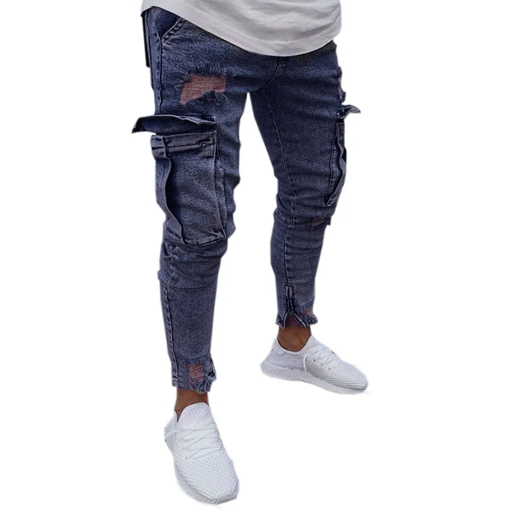 Мужские джинсовые ткани Пант Проблемные Ripped Freyed Slim Fit карман джинсы Широкие брюки