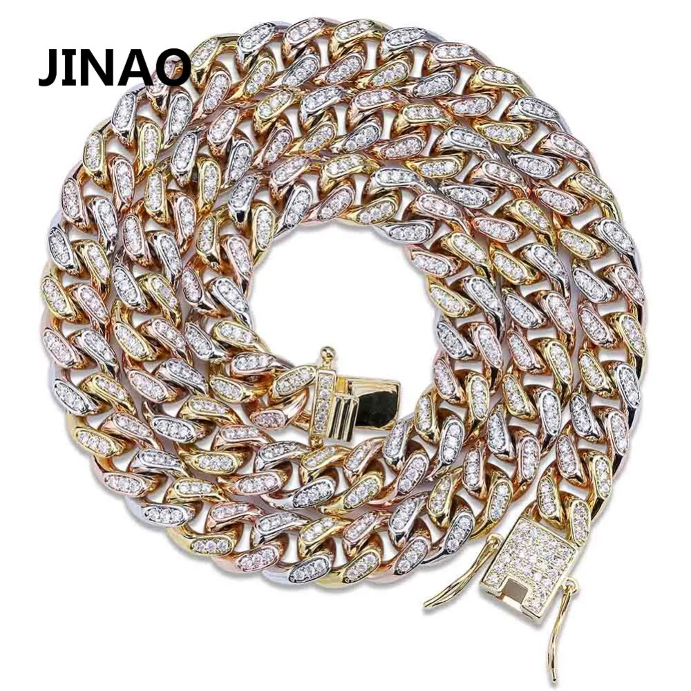 JINAO Miami 10mmTricolor Cubic Zircon Cuban Chain Necklace Charm For Men Micro Pave Hip Hop Fashion Trendy Jewelry Gift Iced Out