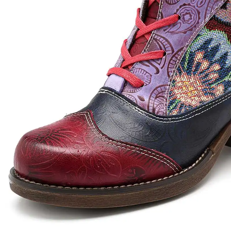 Socofy Fashion Vintage Cowgirl Boots Women Shoes Woman Genuine Leather Ankle Boots Chunky Block Heel Western Booties Bota