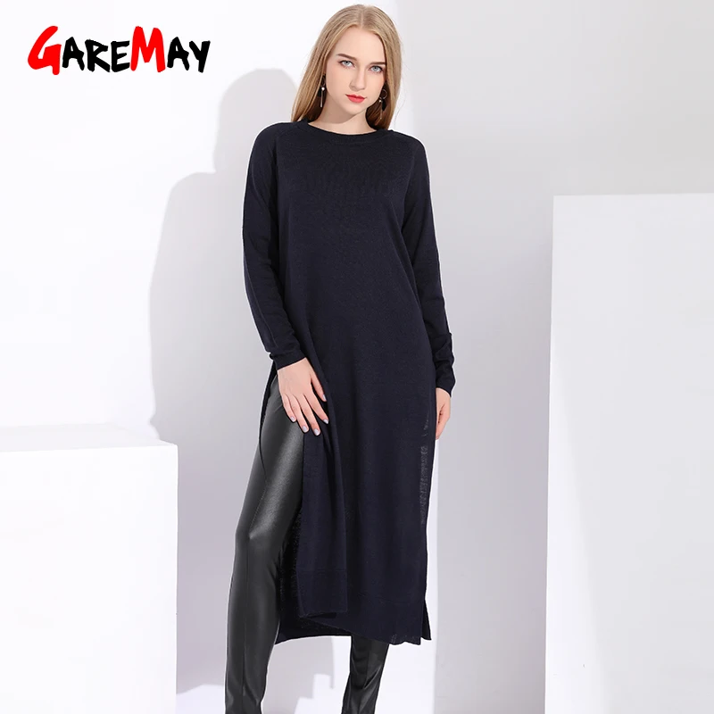 Long Knitted Sweater Women Fashion Autumn Outwear Sweaters For Ladies Pullovers Thin Side Slit Dress Women's | Женская одежда