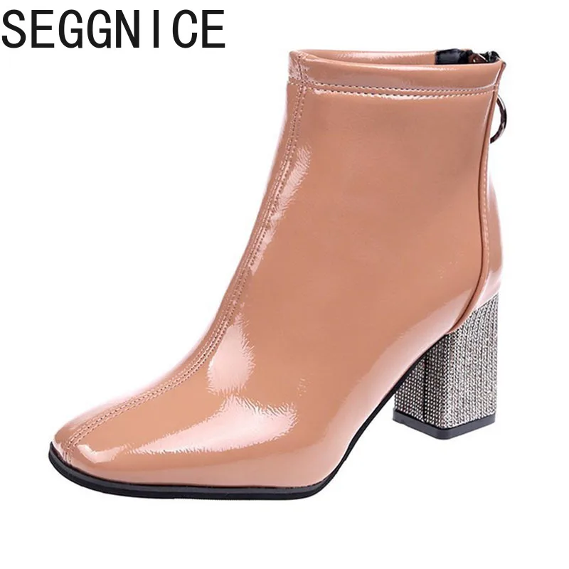 SEGGNICE/женские зимние ботинки на меху теплые женские высоком каблуке модные