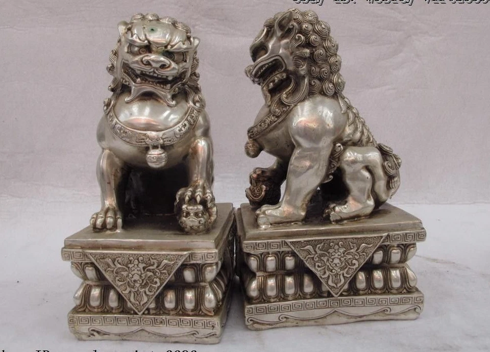 8.5 Chinese White Copper Silver Evil Feng Shui Fu Foo Dog Lion beast Statue pair | Дом и сад