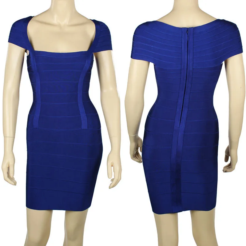 Облегающее Сексуальное Женское Платье с квадратным воротником из вискозы и спандекса, красные, черные, синие - Цвет: Синий