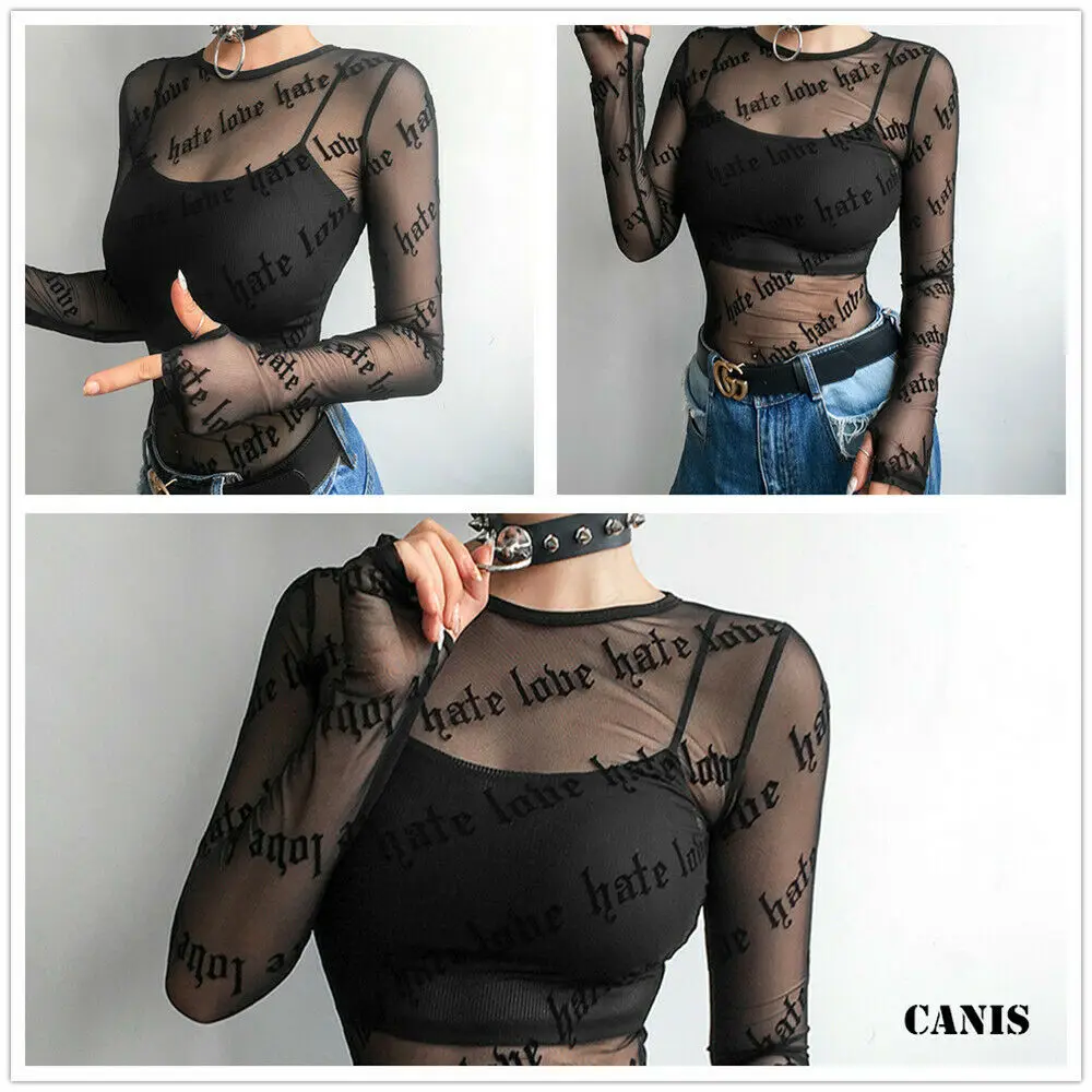 Модные женские кружевные сетчатые футболки с буквенным принтом прозрачная