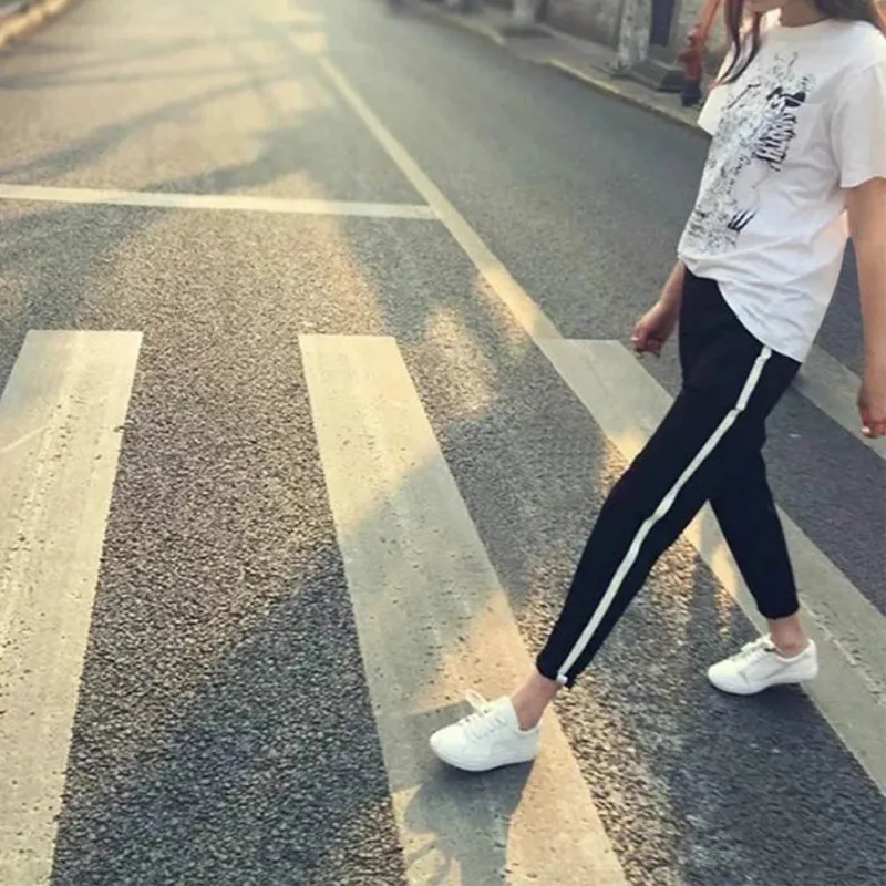 Горячая Распродажа женские спортивные штаны с полосками сбоку черные высокой