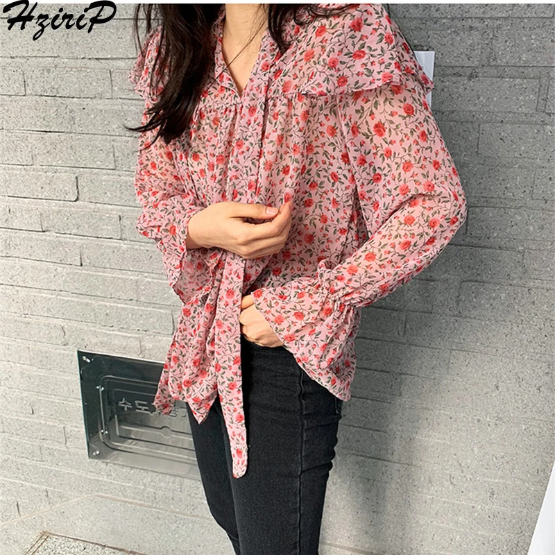 Hzirip New Bows Elegant Loose Free Simple Female Casual Stylish Sweet Bow Collar Slim Comfortable Print Preppy Style Shirt |