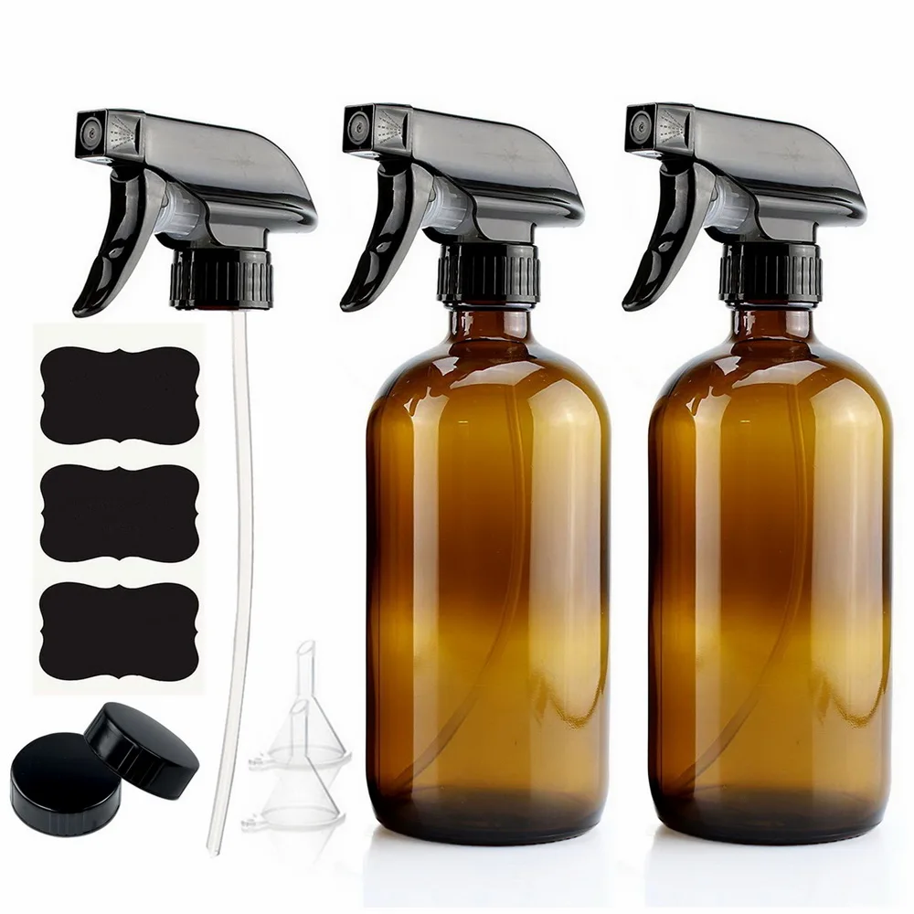 500ml Empty Spray Bottle Amber Glass Containers with Black Trigger Sprayer Labels for Hair Essential Oils Cleaning 16 Oz 2 Pack |
