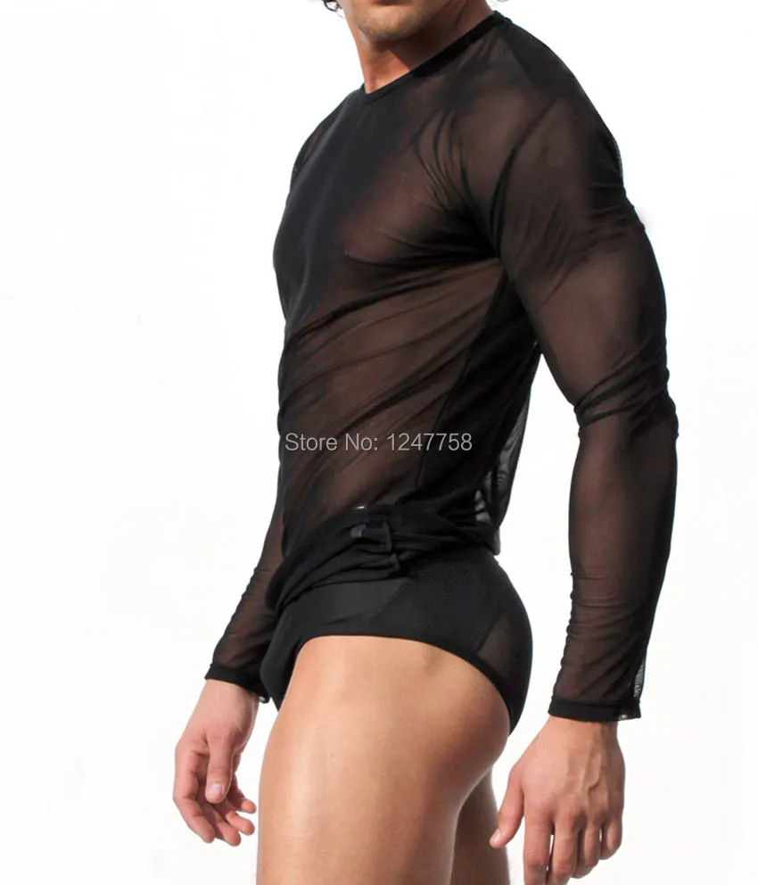 Мужская сетчатая рубашка с длинным рукавом облегающая прозрачная круглым