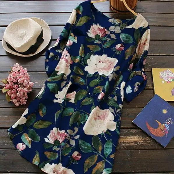Новое Женское льняное платье-блузка с цветочным рисунком и длинными рукавами
