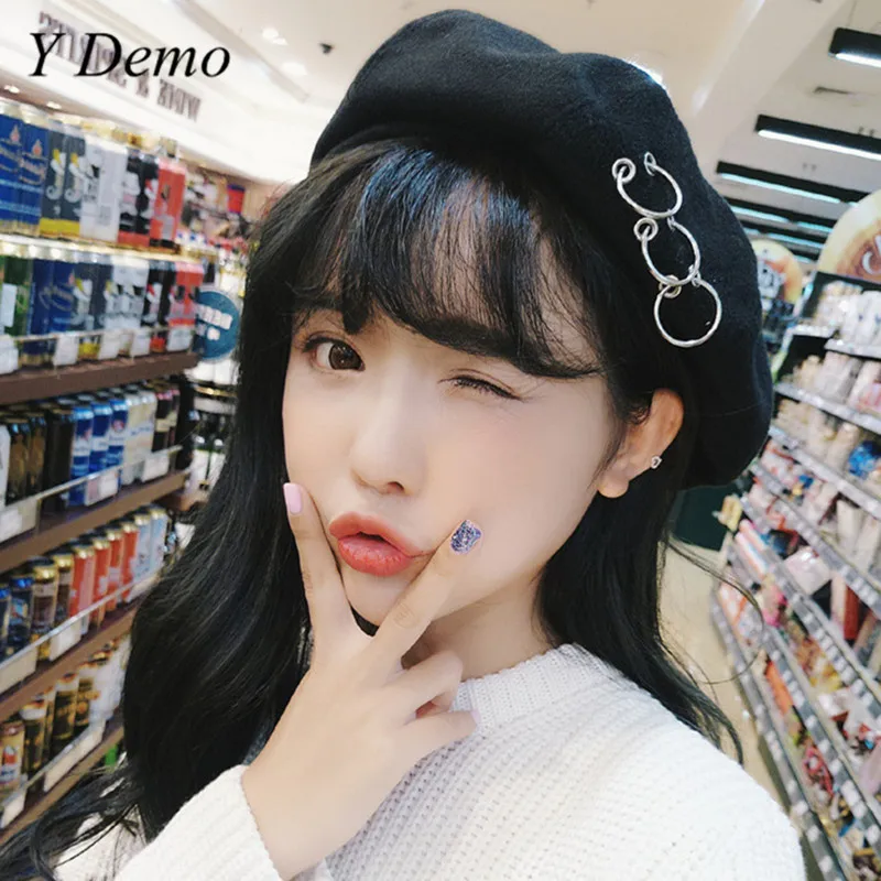 Женский берет с кольцом Harajuku винтажный теплый круглым для осени и зимы |
