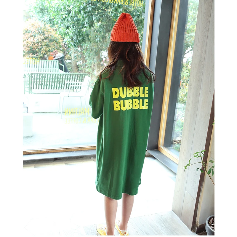 Green T-shirt Dress Girls NNGZ Summer Korean Casual Solid Short Sleeve Midcalf Turndown Collar Girl T-Shirt | Детская одежда и