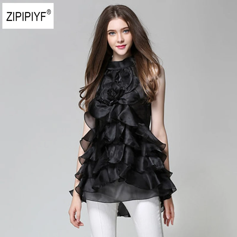Черный/белый Для женщин офисные блузки без рукавов из органзы Sexy Blusas для дам 2018