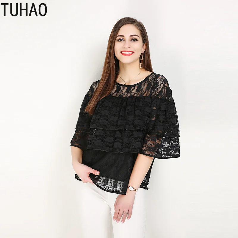 TUHAO размера плюс 7XL 6XL 5XL Блузка Летняя женская однотонная кружевная блузка с